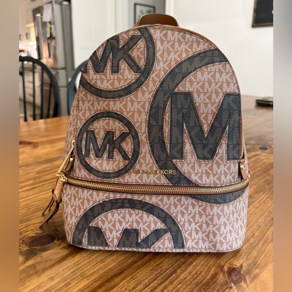 Michael Kors Tan and Brown MK Logo Mini Backpack